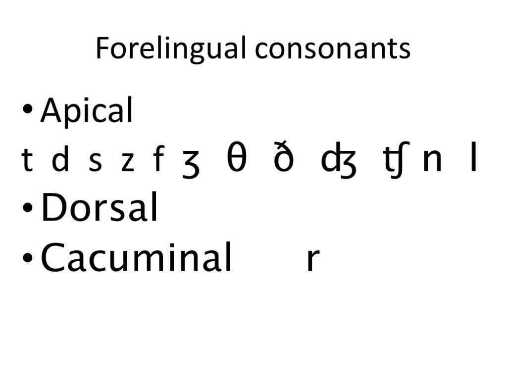 Forelingual consonants Apical t d s z f ʒ θ ð ʤ ʧ n